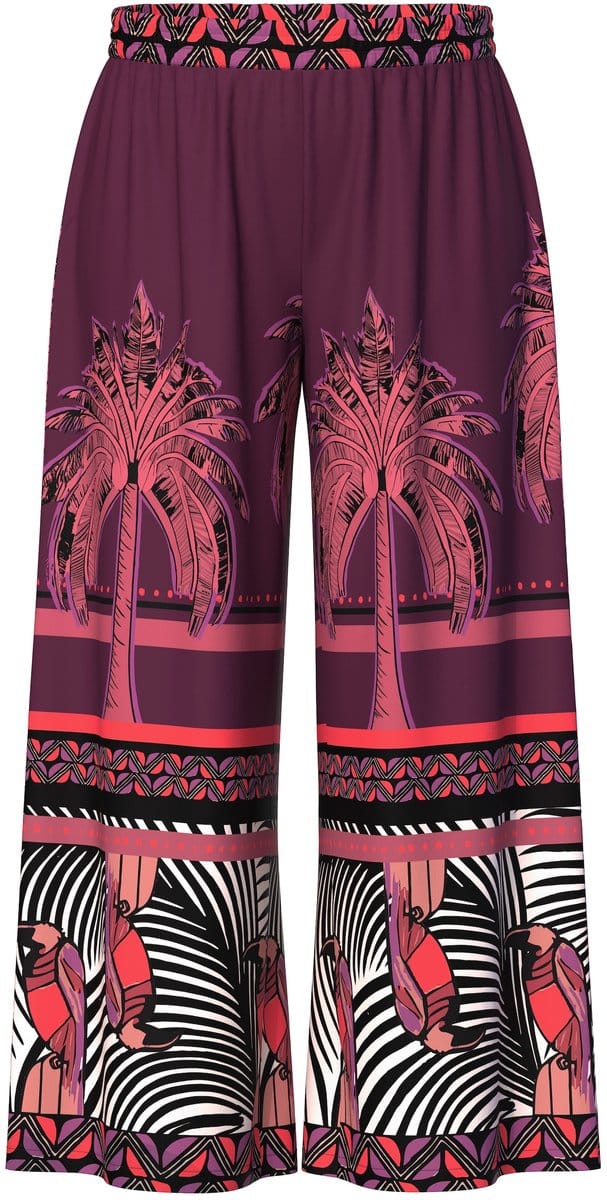 Ulla Popken - Dames - Wijde broek palmen wijde pijpen elastische tailleband - Purper - Maat 42+