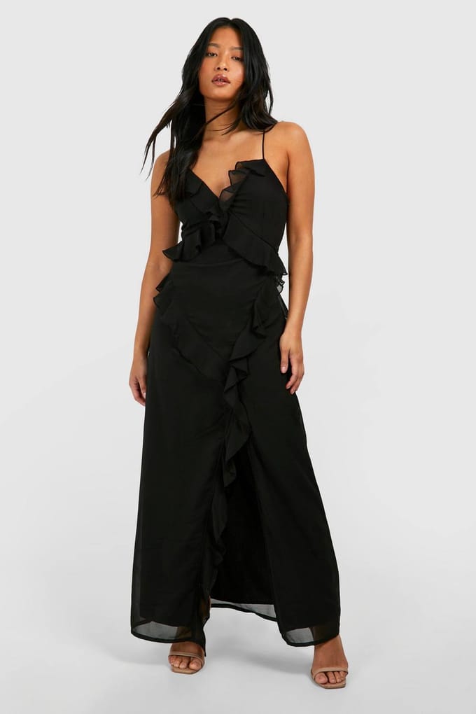 boohoo Dames Petite Chiffon Ruffle Maxi-jurk | Zwart | Maat: 40