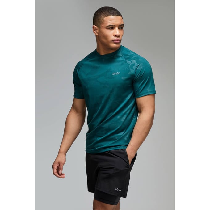 Man Active Regular Fit Camo Raglan Performance Gym T-Shirt | Dark Green | Size Medium
