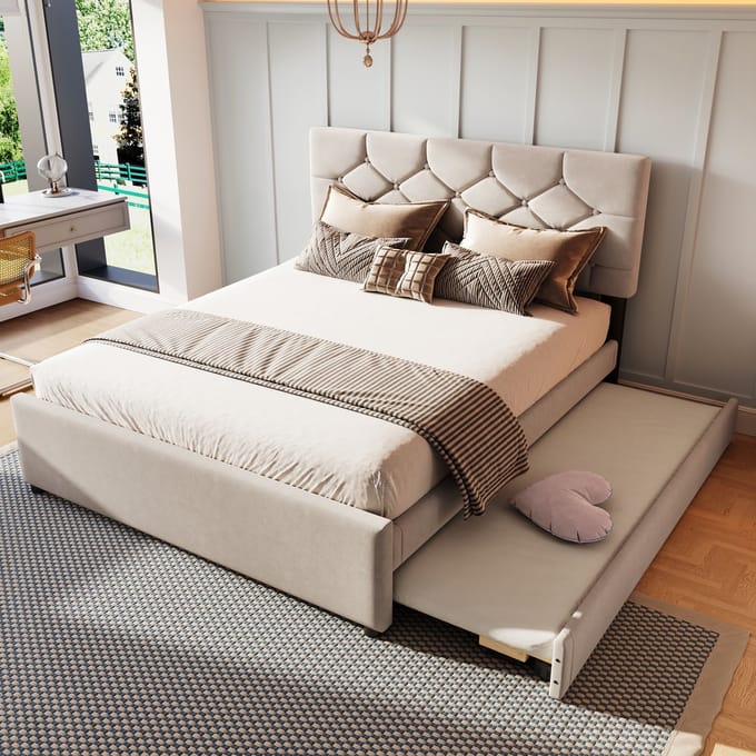REDOM Gestoffeerd Bed met Onderschuifbed – Met lattenbodem – Fluweel – Beige – 140 x 200 cm