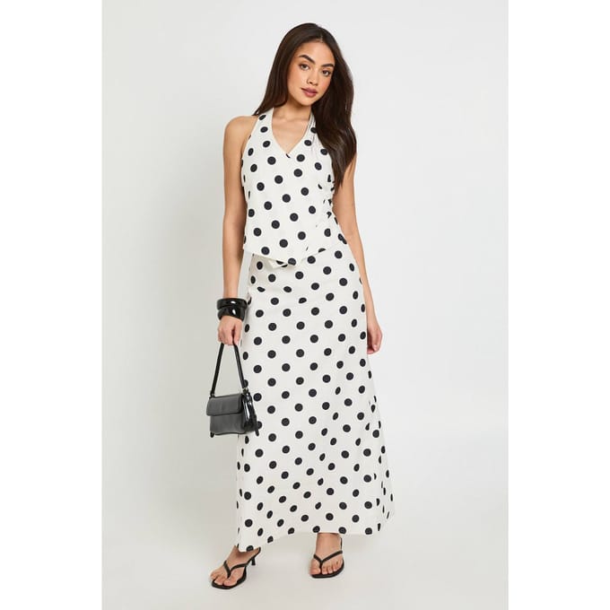 boohoo Dames Polkadot Linnen Look Lage Taille Maxi Rok | Wit | Maat: 36