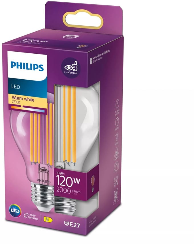 Philips LED Lamp Transparant - 120 W - E27 - warmwit licht