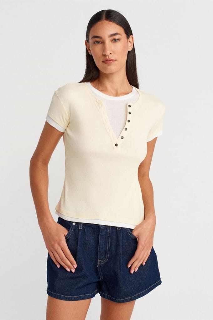 Dames Katoenen V-Hals Knopen T-Shirt
