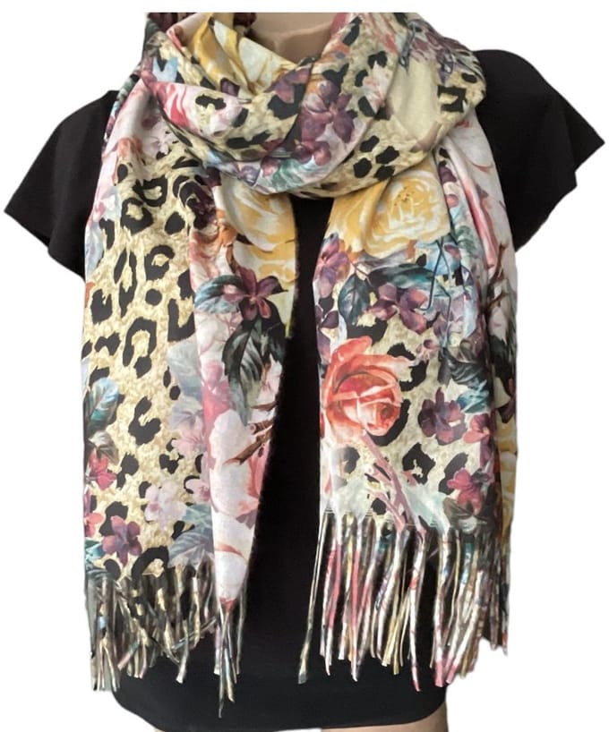Warme Sjaal - Bloemenprint/Panterprint - Okergeel - 200 x 67 cm (22-60)