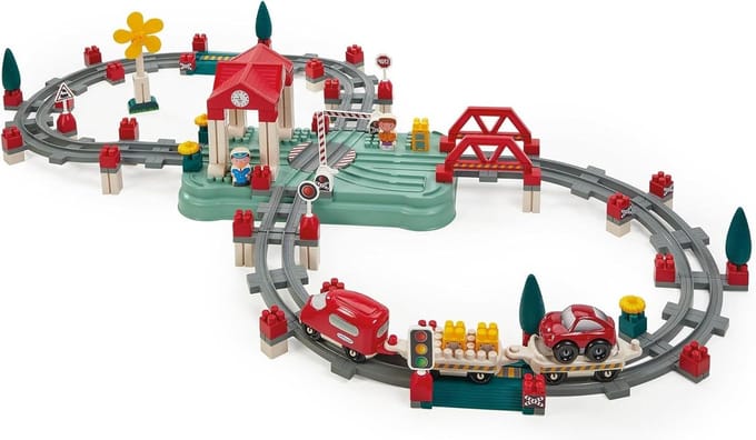 Trein Speelgoed - Treinbaan Set - Samen Spelen - Opbergvat Inclusief - Groot - Rood