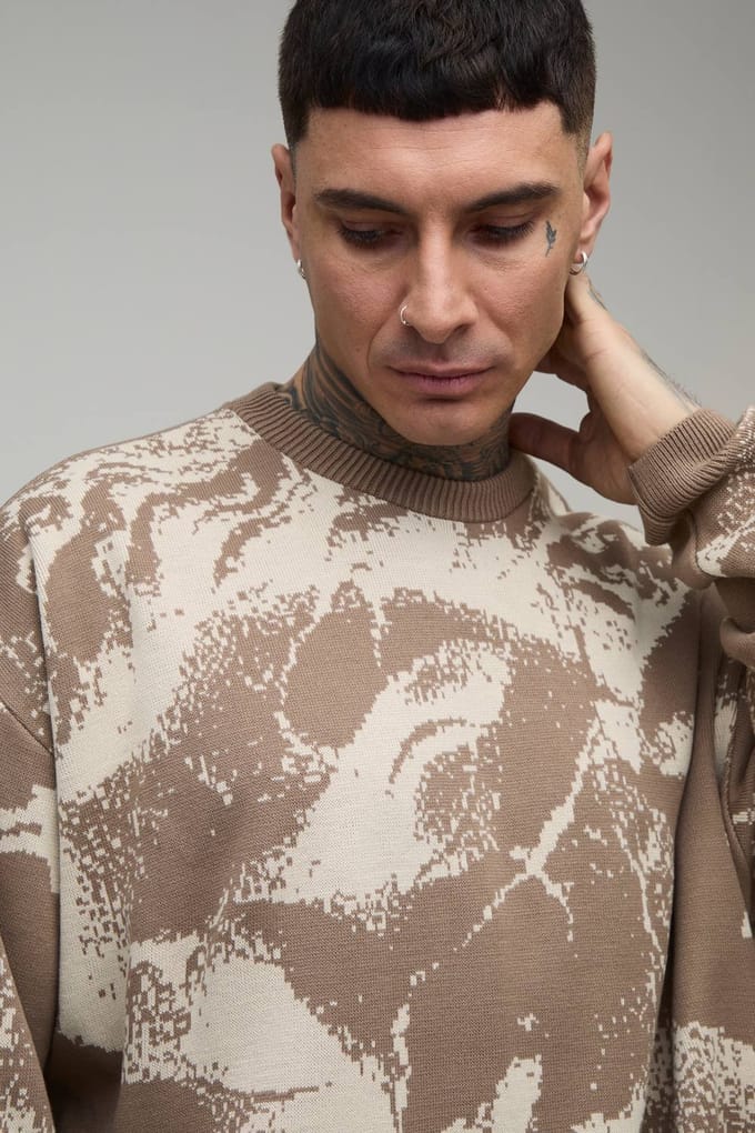 Tall Oversized Renaissance Jacquard Knitted Jumper | Taupe | Size Medium