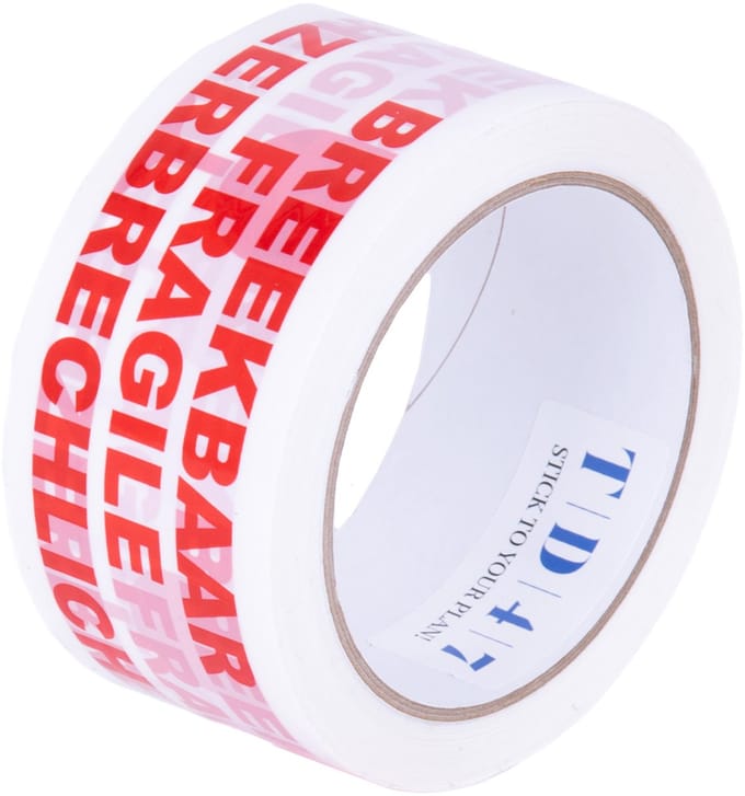 TD47 Verpakkingstape Breekbaar / Fragile / Zerbrechlich 50mm x 66m Wit