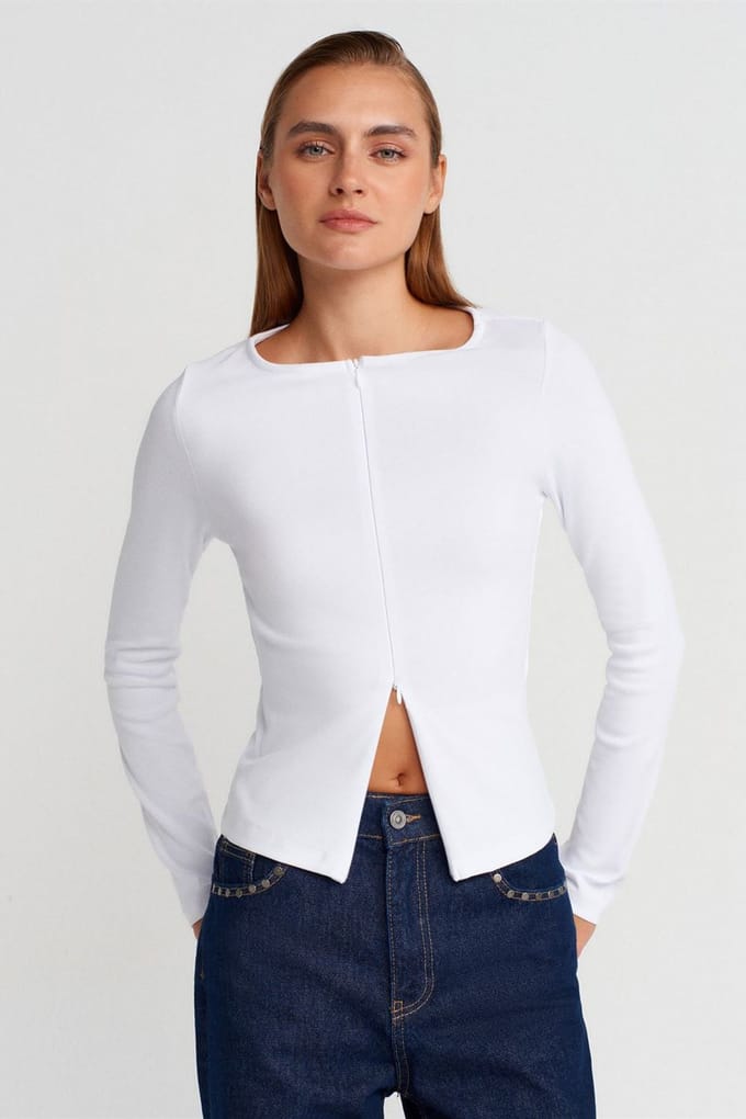 Slim Fit Katoenmix Rits Blouse