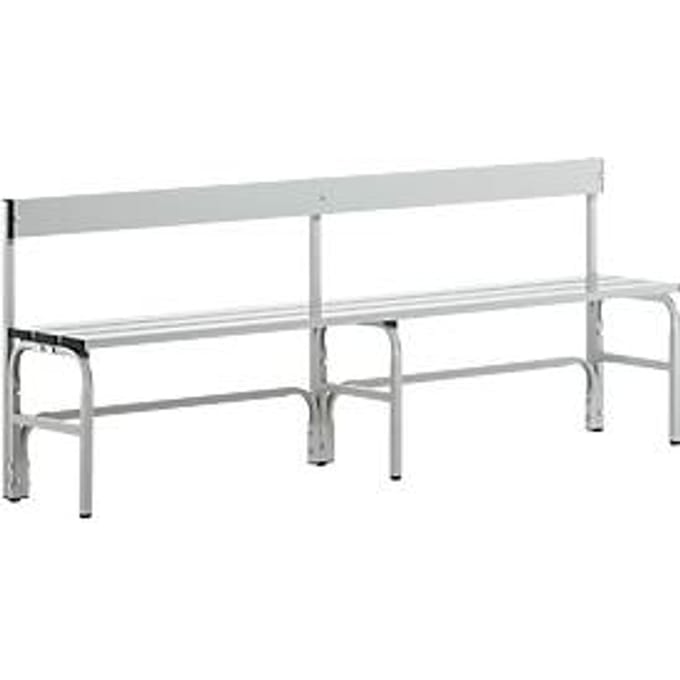 Kleedkamerbank, rvs buis/aluminium, enkel met rugleuning, L 2000 mm, lichtgrijs