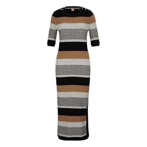 Boss Etanah gestreepte gebreide maxi-jurk voor dames (Zwart/Grijs/Bruin)