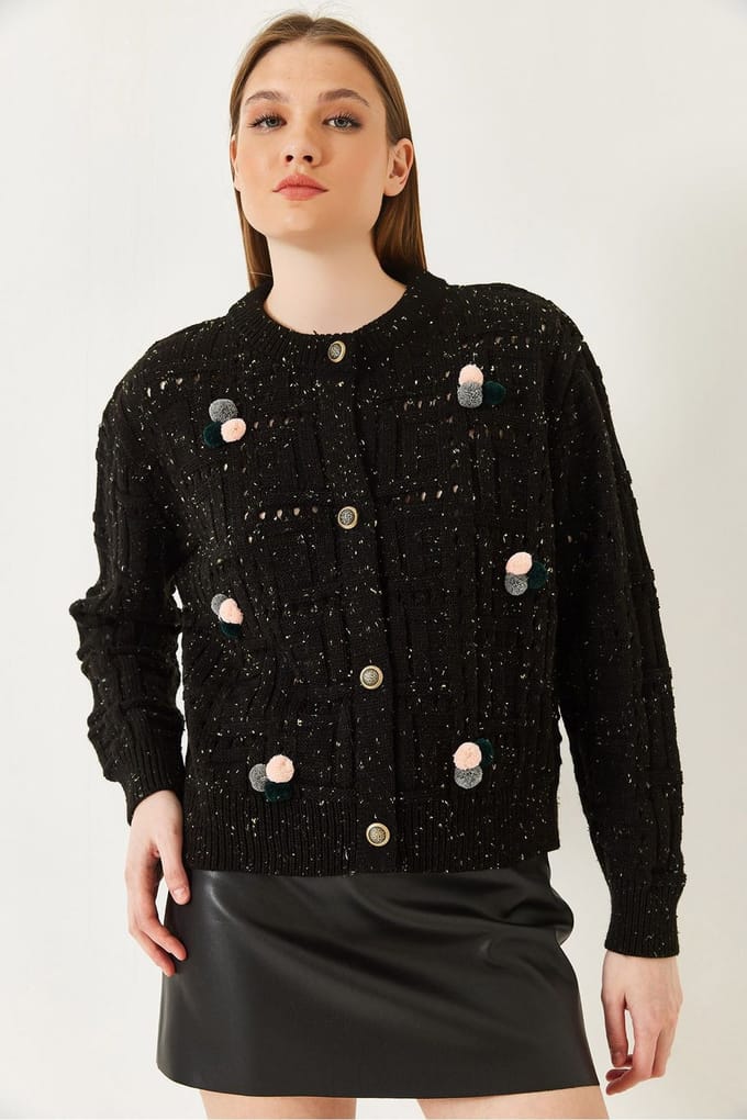 Textured Knitwear Cardigan met Pompom