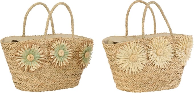 J-Line strandtas Zonnebloem - zeegras - naturel/kakigroen - set van 2