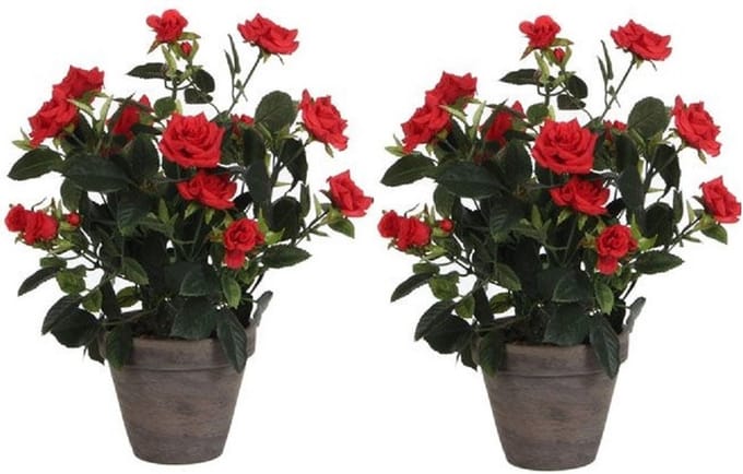 Mica Decorations Kunstplant - 2x - rozen - rood - in grijze pot - 33 cm