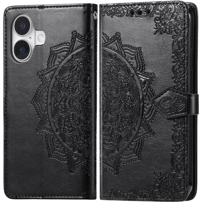 Comfycase iPhone 16 Mandala Booklet Hoesje Zwart