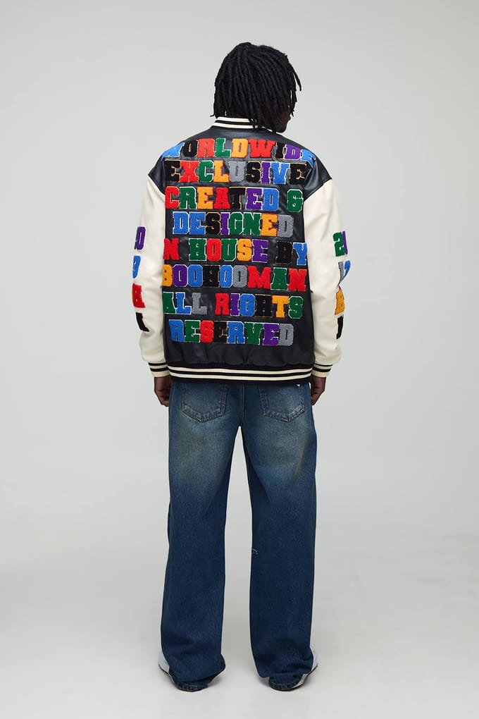 Hoge oversized pasvorm met badge applique PU varsity bomberjas | Black | Size Medium
