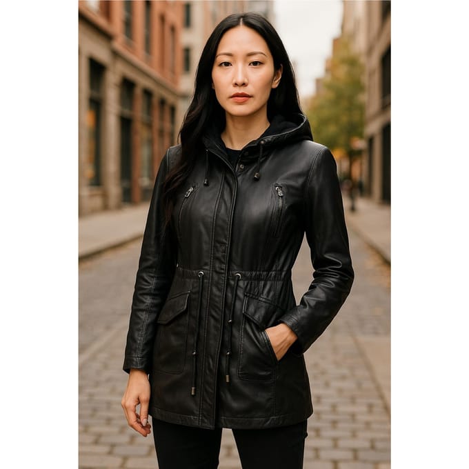Zwarte leren parka met capuchon voor dames - Clare