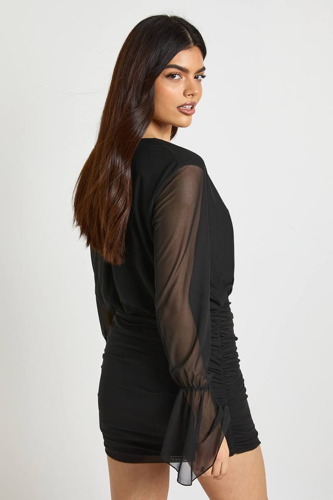 boohoo Dames Mesh Wijde Mouw Wikkel Blouse Mini Jurk | Zwart | Maat: 36