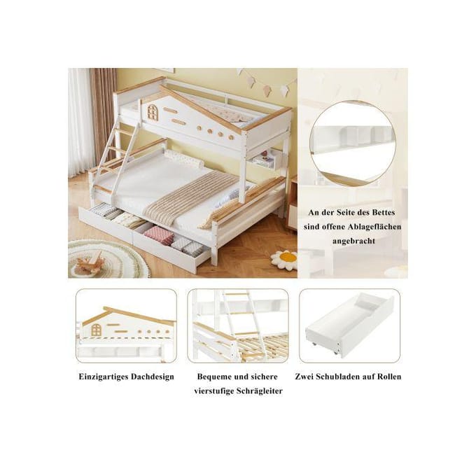 Stapelbed - MUVOE - 90x200cm & 140x200cm - Wit + Naturel - 2 lades - Schuine ladder wit