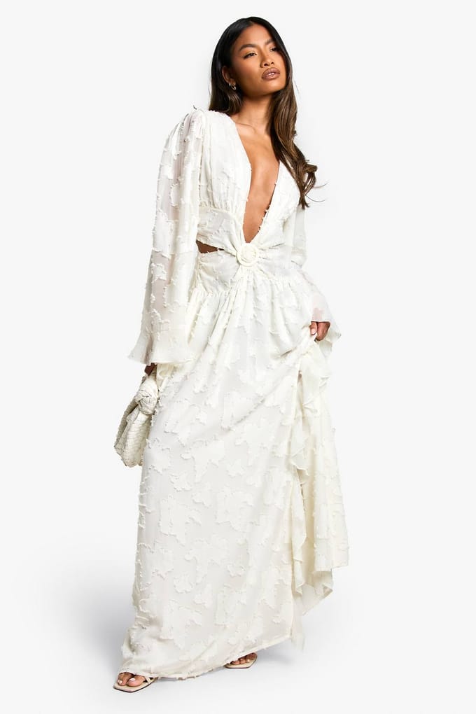 boohoo Dames Textuur Maxijurk met Uitsnede | Ivoor | Maat: 40