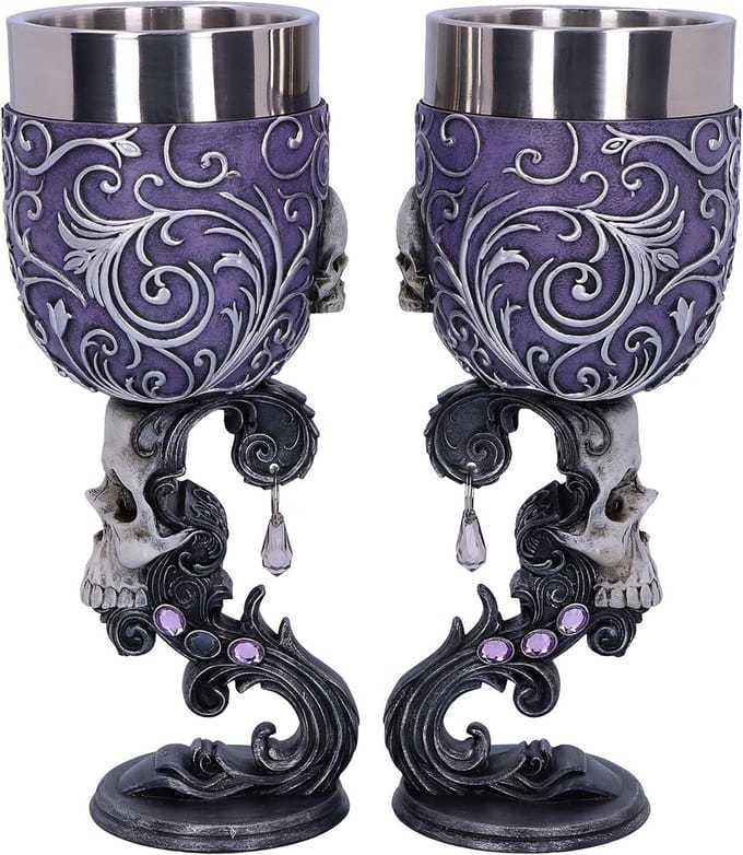 Set van 2 Dubbele Schedel Bekers Hartvormig - Gothic Wijnkelken met Zilveren Details