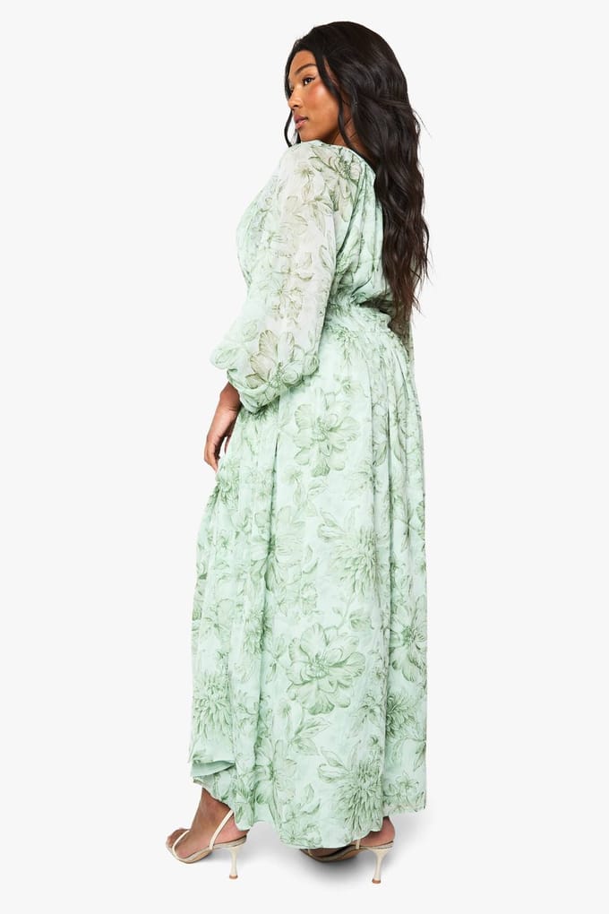 boohoo Dames Plus Floral Chiffon Jurk met geruimde blousonmouwen | Sage | Maat: 20