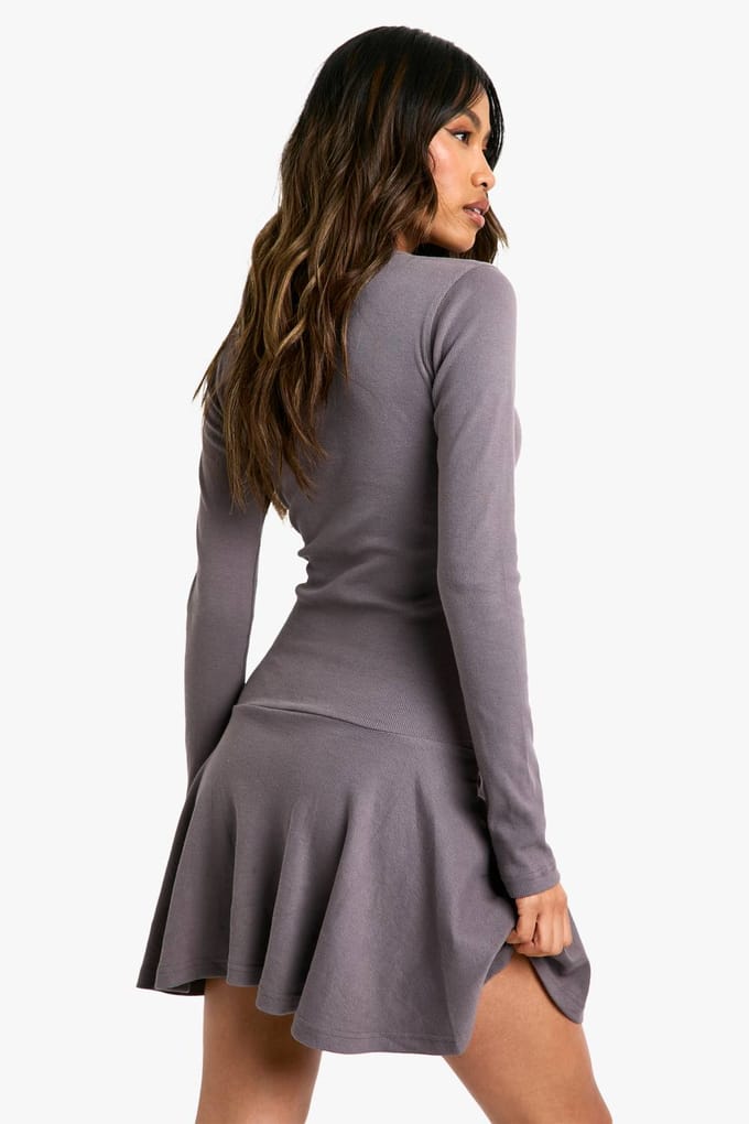 boohoo Dames Rib Dropped Hem Skater Dress | Grey | Maat: 10