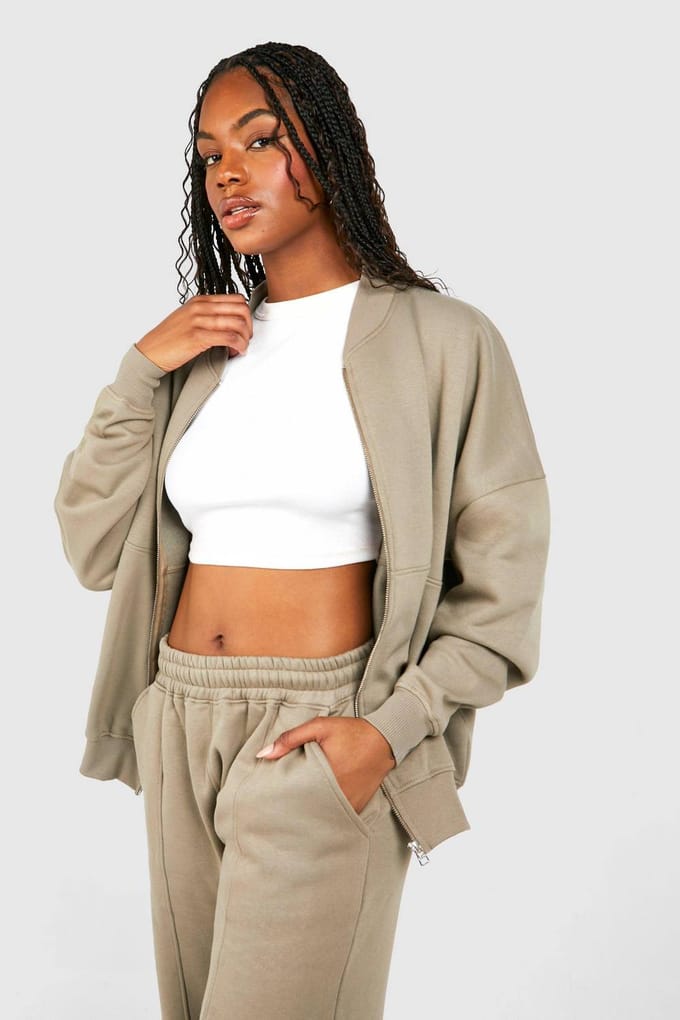 boohoo Dames Tall Zip Through Bomber Straight Leg Trainingspak | Khaki | Maat: 14