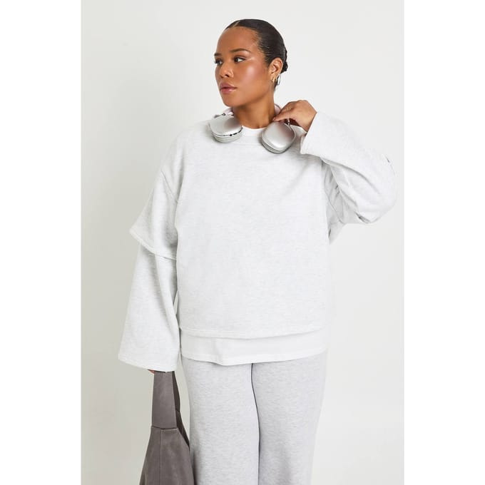 boohoo Dames Plus 2-in-1 Sweatshirt met lange mouwen T-shirt | Grey Marl | Maat: 20