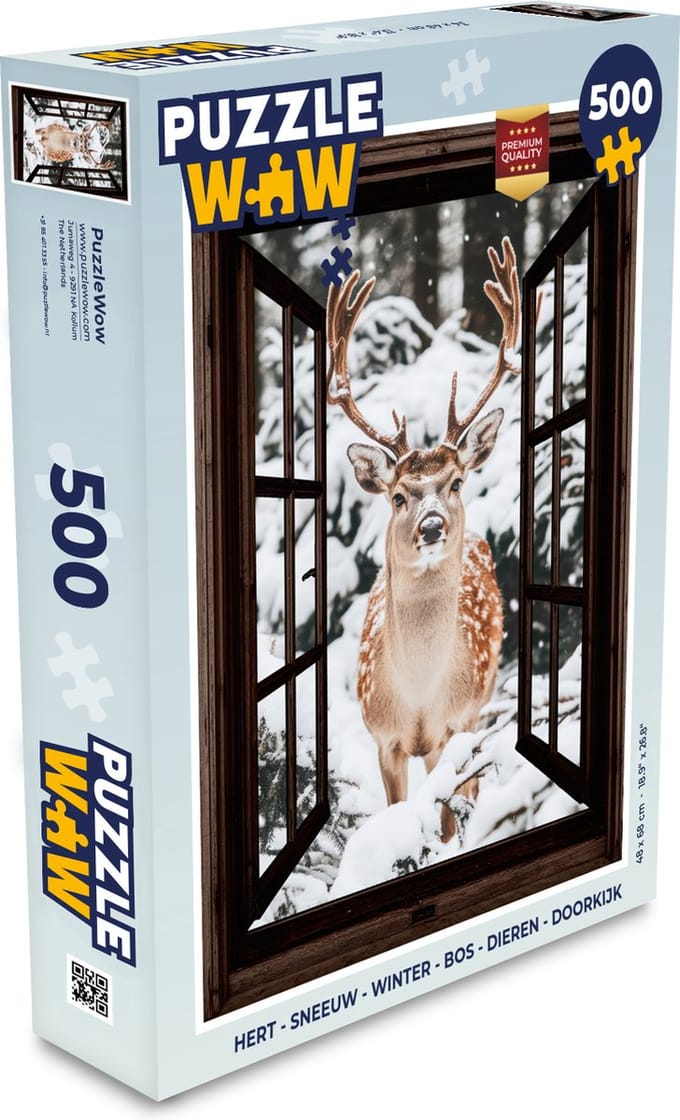 Puzzel Hert - Sneeuw - Winter - Bos - Dieren - Doorkijk - Legpuzzel - Puzzel 500 stukjes