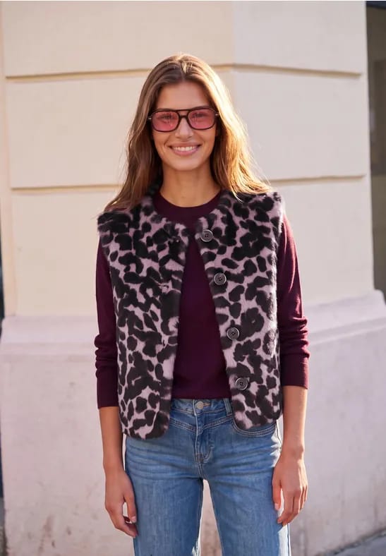 Vest van imitatiebont met ronde hals en print