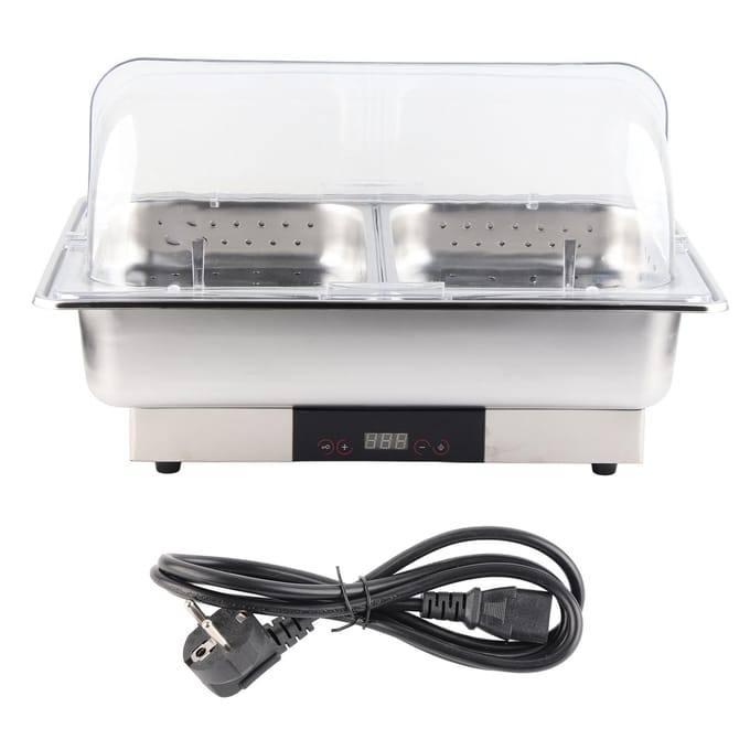 Elektrische Buffetwarmer Server Temperatuurweergave Transparante Deksel Bain-marie Buffet Set 2 Bakken 9L EU Stekker 220V white