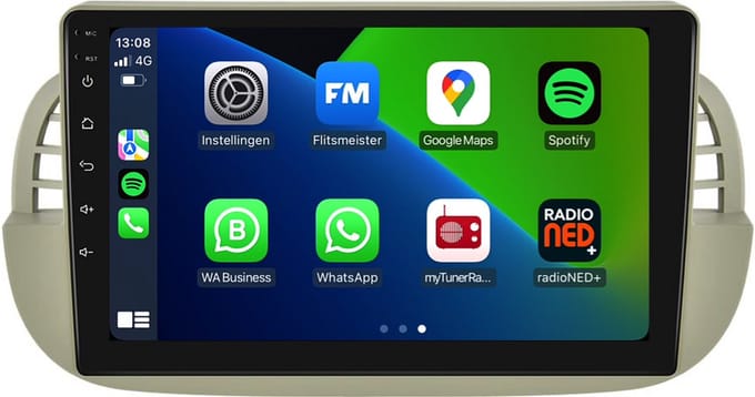 Carplay autoradio voor Fiat 500 Beige | 2007 t/m 2015 | Android 13 | Draadloos Apple Carplay & Android auto | 2GB + 32GB | 8-Core processor | Davilon | 2025 model | 2007 2008 2009 2010 2011 2012 2013 2014 2015 | Bluetooth & Wifi