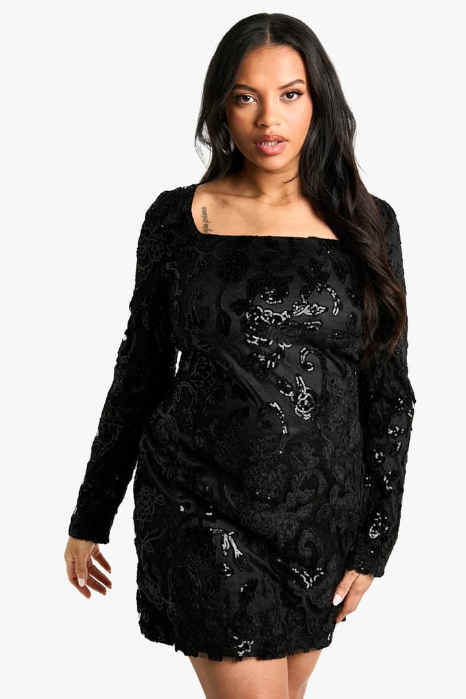 boohoo Dames Plus Demask Bodycon-jurk met vierkante hals | Black | Maat: 24
