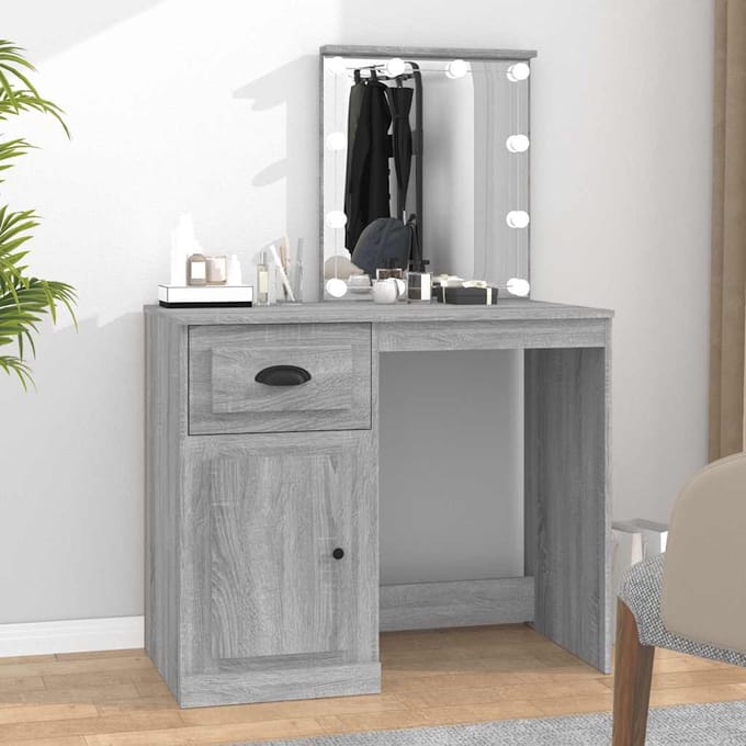 vidaXL - Kaptafel - met - LED - 90x50x132,5 - cm - bewerkt - hout - grijs - sonoma - eiken