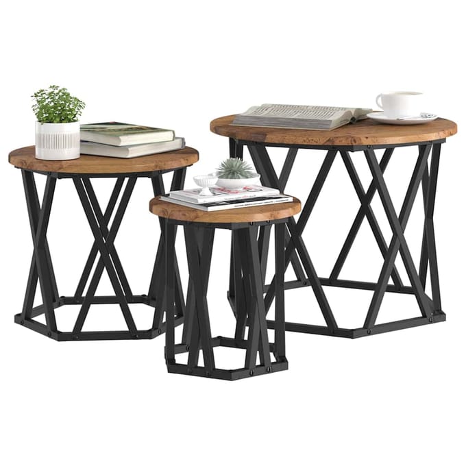 vidaXL - Nestende - Side - Table - 3 - st - Oud - Hout - 53 - x - 53 - x - 40 - cm