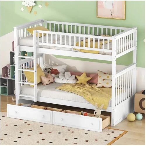 Kinderstapelbed - 2x90x200 cm - 2 lades - wit grenen frame - lattenbodem - uitvalbeveiliging - MERAX