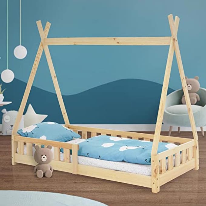 Kinderbed Tipi 80x160 cm Natuurlijk Hout met Uitvalbeveiliging