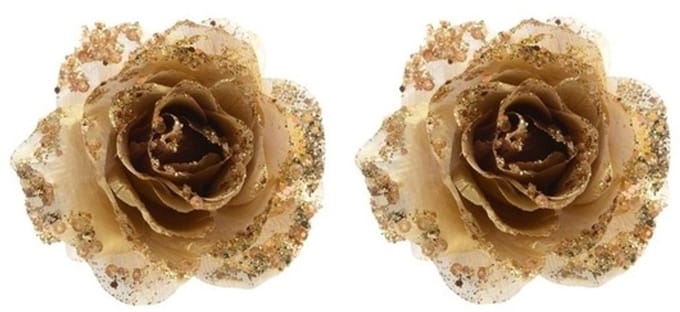 Kerstboomversiering Bloem - 2x - 14 cm - goud - op clip - ornament - roos