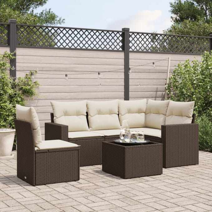 vidaXL - 6-delige - Loungeset - met - kussens - poly - rattan - bruin