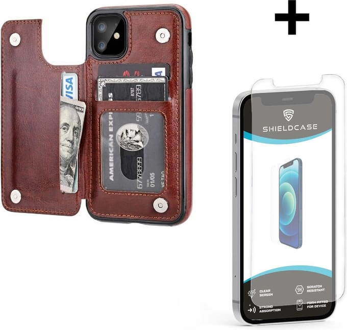 ShieldCase Wallet case geschikt voor Apple iPhone 12 / 12 Pro - 6.1 inch - ruimte voor pasjes - pasjeshouder - portemonnee - bruin + glazen Screen Protector