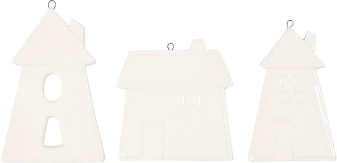 Hangende ornamenten, huizen, H: 7,6-9,7 cm, wit, 18 stuk/ 1 doos