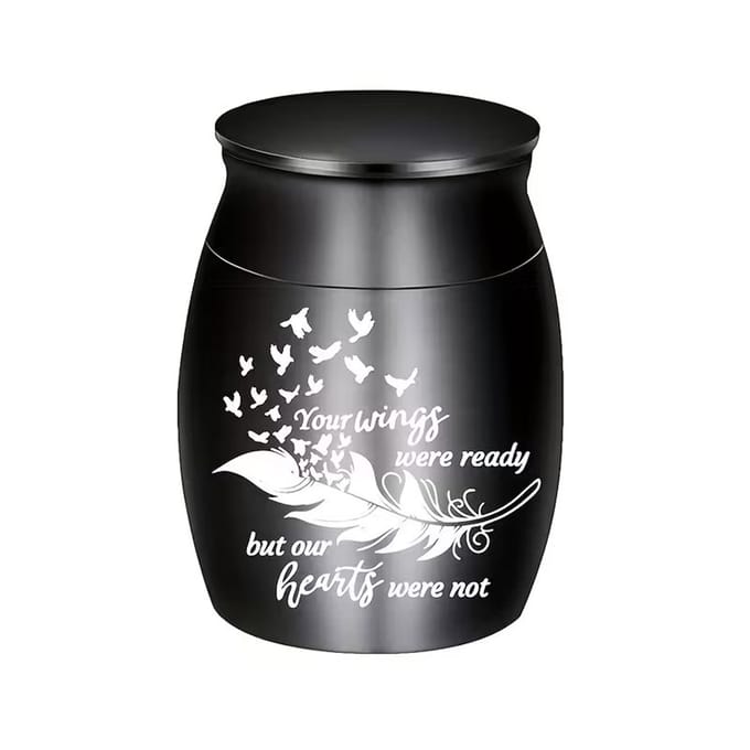 Mini urn,aluminium,kleur zwart,met tekst en afbeelding