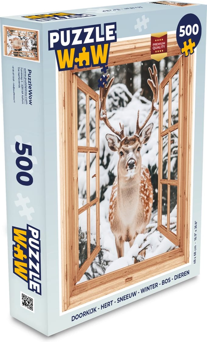 Puzzel Doorkijk - Hert - Sneeuw - Winter - Bos - Dieren - Legpuzzel - Puzzel 500 stukjes