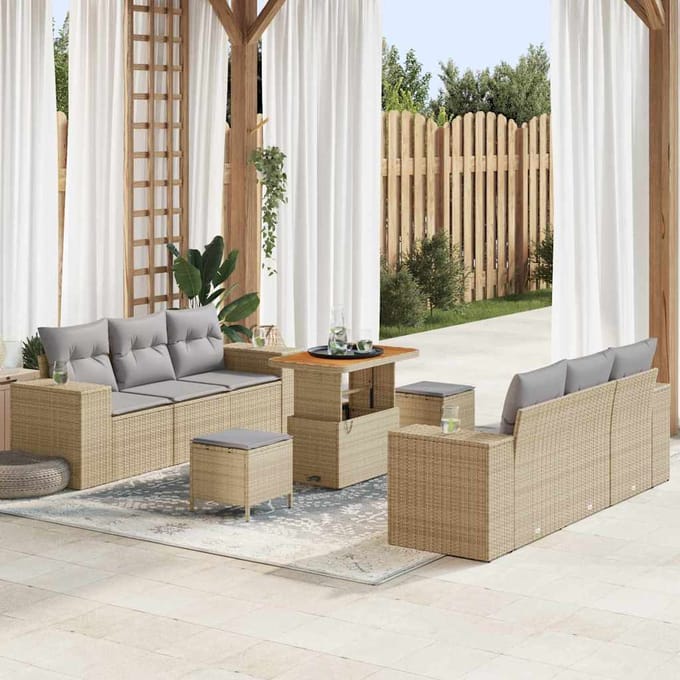 vidaXL - Tuinbank - Set - 9 - st - Beige - en - Lichtgrijs - Poly - Riet
