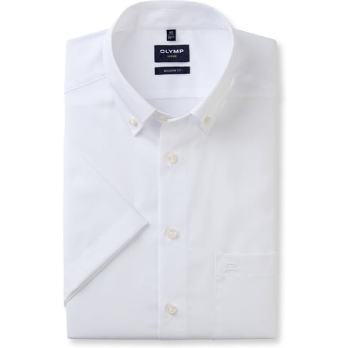 OLYMP Luxor modern fit overhemd - korte mouw - wit met button-down kraag - Strijkvrij - Boordmaat: 42