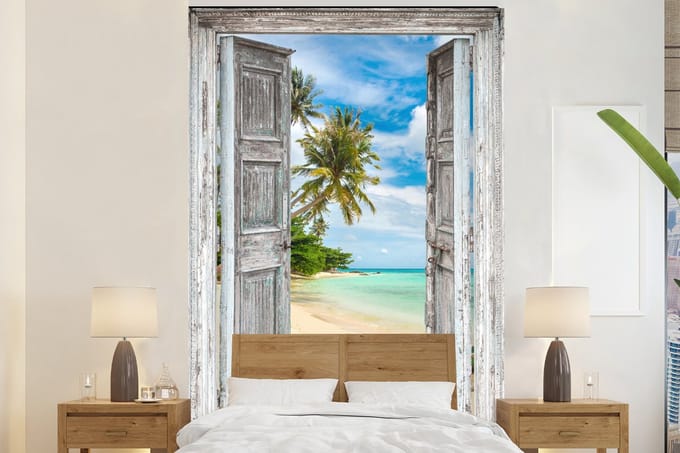 Behang - Fotobehang Kano - Strand - Palmboom - Strand - Doorkijk - Breedte 155 cm x hoogte 240 cm