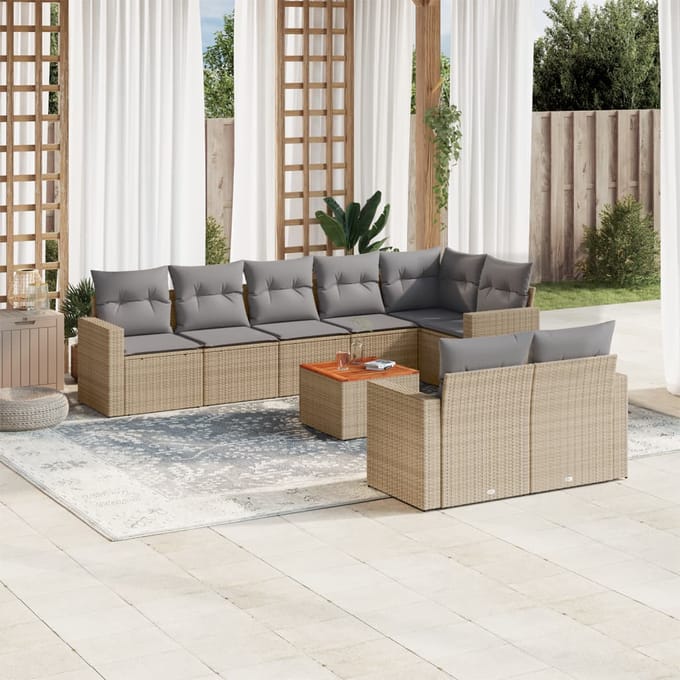vidaXL - 9-delige - Loungeset - met - kussens - poly - rattan - beige