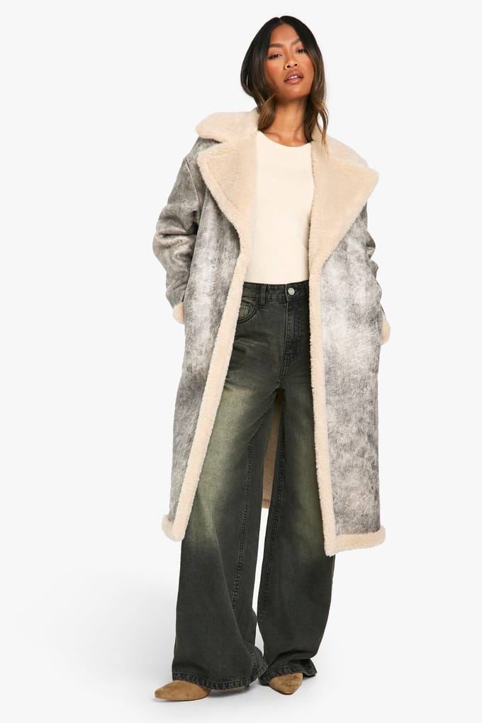 boohoo Dames Vintage Look lang gesneden met riem afgewerkte vliegerjack | Grey | Maat: 10