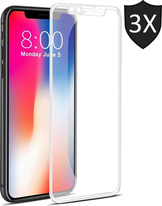 3x Screenprotector geschikt voor Apple iPhone Xs / X | Full Screen Cover Volledig Beeld | Tempered Glass Wit - van iCall