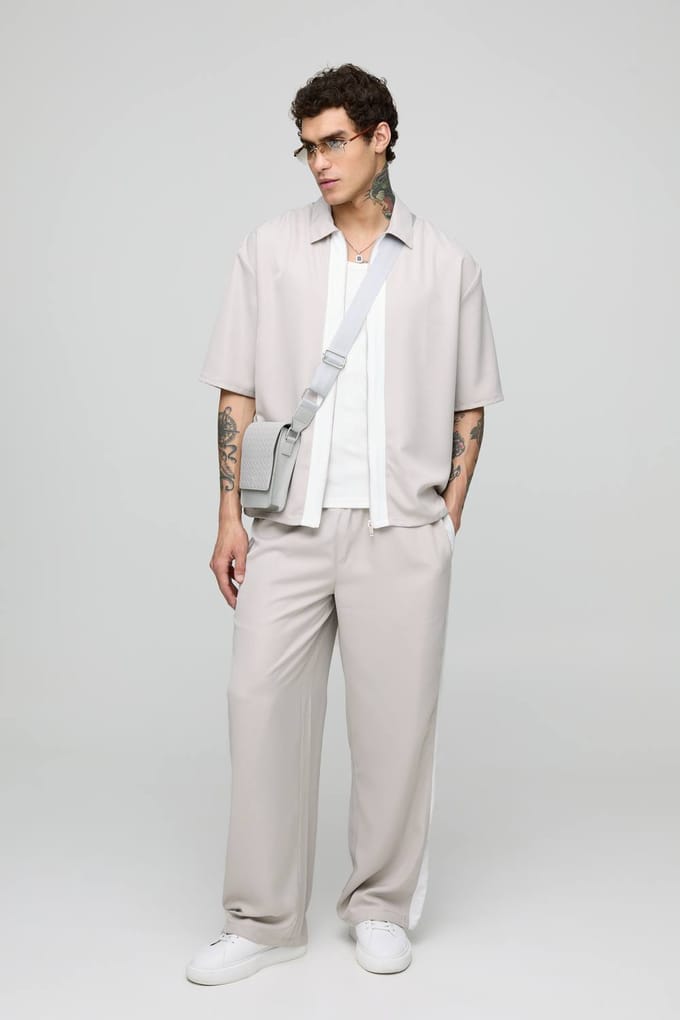 Oversized zacht twill kortmouwig overhemd & broekset met wijde pijpen | Stone | Size Medium